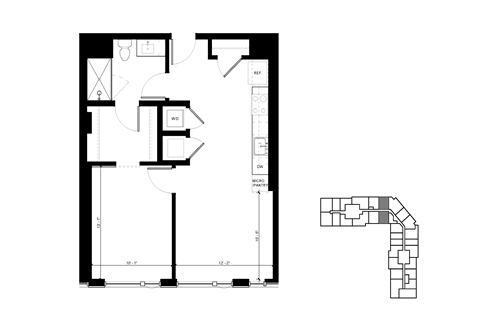Floor plan for 1 bed, 1 bath, 719 sqft